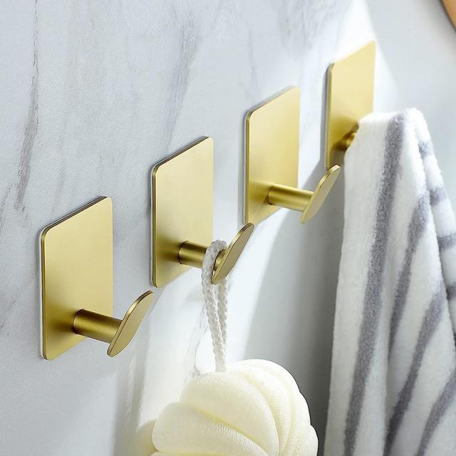 DELITON Adhesive Towel Hooks Gold - 4 Pack Towel Hook for Coat Robe Stick on Bathroom Wall Brushed Gold Finish Stainless Steel