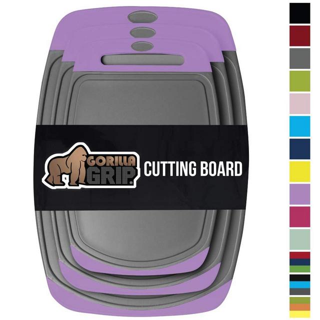 Gorilla Grip Original Oversized Cutting Board, 3 Piece, BPA Free, Juice Grooves, Larger Thicker Boards, Easy Grip Handle, Dishwasher Safe, Non Porous, X Large, Kitchen, Set of 3, Purple Gray