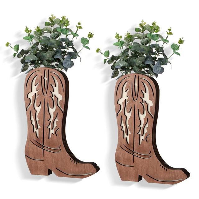 Havawish 2 Pcs Wood Cowboy Boots Wall Planter for Indoor Plants 12 x 8'' Cowboy Boot Flower Vase Hanging Pocket Wall Vases for Flower Faux Greenery Wood Wall Decor for Bathroom Bedroom (Brown)