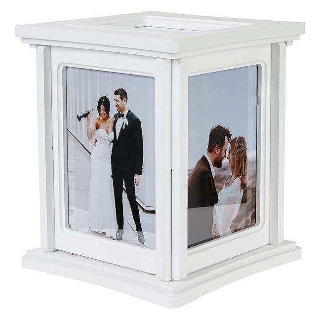 AW BRIDAL Wedding Card Box Rotating Picture Frame Gift Card Box With Slot and LED String Lights Wooden Bridal Decoration Money Box Envelope Card Box for Wedding Enagegment Christmas Baby Shower Birthday (White)