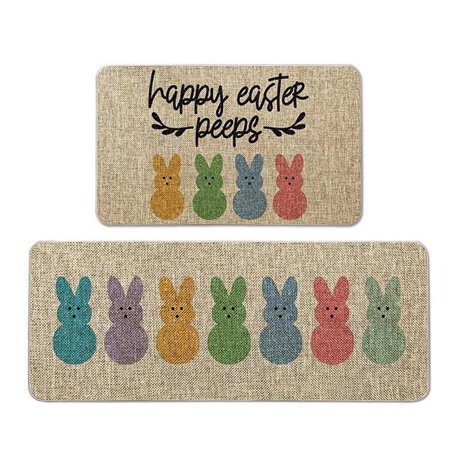 Atoid Mode Happy Easter Peeps Rabbits Decorative Kitchen Mats Set of 2, Home Seasonal Spring Easter Holiday Holiday Party Low-Profile Floor Mat - 17x29 and 17x47 Inch
