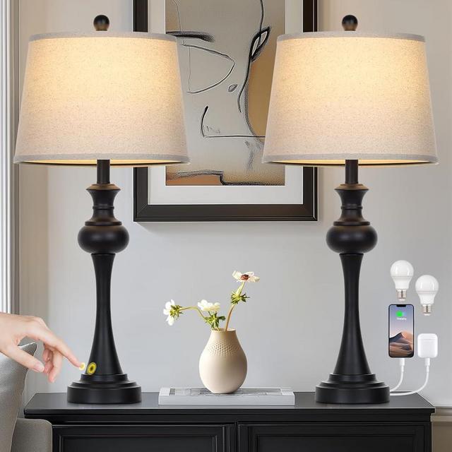 28.75 " 3-Way Touch Control Modern Table Lamp Set of 2 for Living Room , Bedside Lamp with USB A+C Ports, Mid Century Black Table Lamps, Nightstand Lamps Set ,Beige Fabric Shade Vintage Accent Style