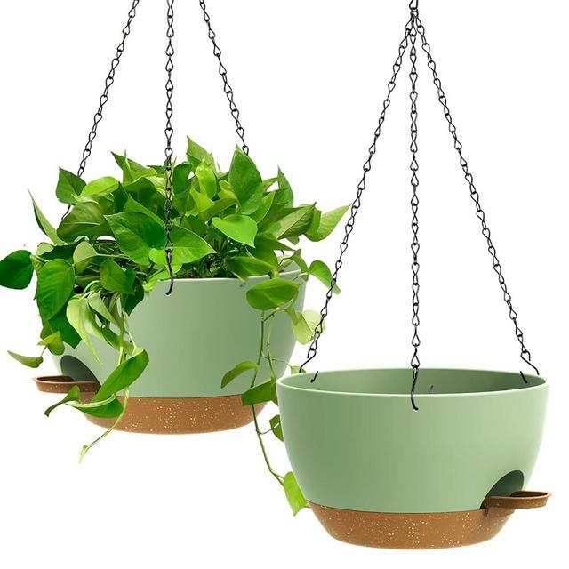 UOUZ 13 Inch 2 Pack Large Self Watering Hanging Planters for Indoor Outdoor Plants, Hanging Plant Pots with Removable 50 Oz Reservoir, Plastic Hanging Basket for Window Porch Garden, Green with Brown