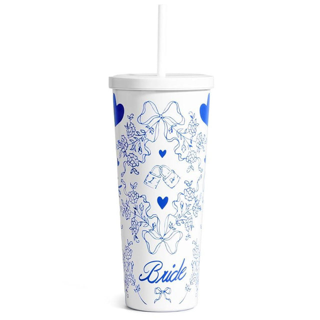 xo, Fetti White + Blue Bride Tumbler, 24 oz. | Bachelorette Supplies, Wedding Morning Drinkware, Bach Party Decorations, Bridesmaid Cup Gift