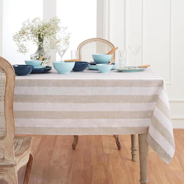 Solino Home Cabana Stripe Linen Tablecloth 90" L x 60" W Inch – 100% Pure Linen Natural and White Tablecloth – Machine Washable Farmhouse Rectangle Tablecloth for Spring Decor