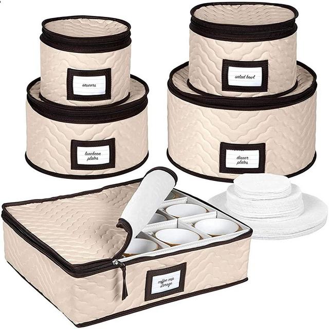 Transport and Protect from Chips and Breaks China Dinnerware Storage Containers 5-Piece Set for Tableware Cups Plates and Saucers Sturdy Quilted Microfiber Organizer with Dividers Service for 12 