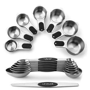Spring Chef Magnetic Measuring Cups & Spoons Set, Patented, Strong N45 Magnets, Heavy Duty Stainless Steel Fits in Spice Jars for Baking & Cooking, BPA Free, Round Set of 15 with Leveler, Black