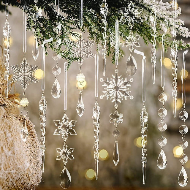 Christmas Tree Decoration Crystal Ornaments - 32pcs Acrylic Christmas Ornaments Snowflake Icicle Drop Crystal Hanging Ornaments for Xmas Christmas Tree Winter Holiday Frozen Party Decorations