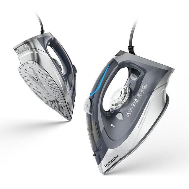 IRONDAY Steam Iron for Clothes Rapid Heating, 1700W Iron Burst of Steam, Non-Stick Ceramic Soleplate, Auto shutoff, Anti-Drip, Self-Cleaning, 10.14oz Water Tank Ironing Clothes for All Fabrics, Grey