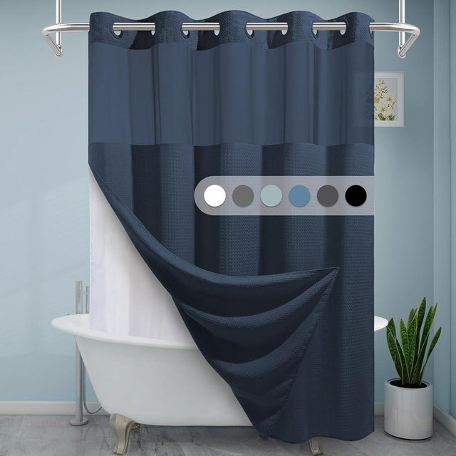 EUTXL Navy Blue No Hook Shower Curtain with Snap in Liner,230GSM Waffle Weave Shower Curtains for Bathroom,71W x 74H