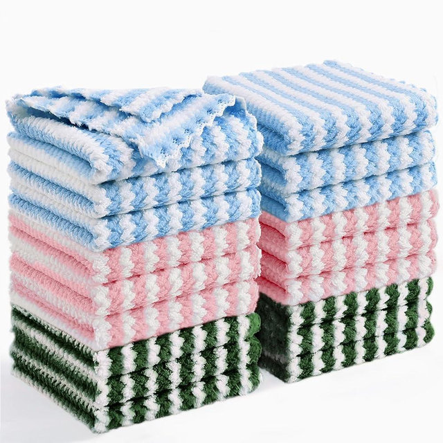 Homaxy 18 Pack Kitchen Dish Cloths, Ultra Soft and Absorbent Dish Towels, Reusable Fast Drying Microfiber Cleaning Cloth, Coral Velvet Wave Design No-lint, 10 x 10 inches, Blue/Pink/Grass Green