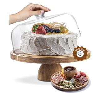 HOMESPHERE Acacia Wood Cake Stand with Lid - Cake Stand with Dome,12in Round Cake Holder, 2-in-1 Dessert Table Display Set & Charcuterie Board for Cheese, Chips & Dips, Fruit Platter, Large Acrylic Cake Dome Cover