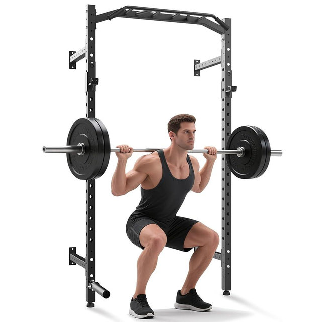 1600LB Wall Mounted Power Rack, Commercial Squat Rack for Home Gym with Multi-Grip Pull Up Bar, j-Cups & Landmine Attachment for Home and Garage Gym