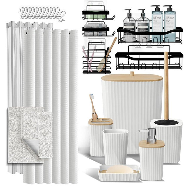 Bathroom Accessories Set with Shower Caddy and Bath Rugs 27PC Bathroom Accessory Set with Shower Caddies White Bath Rugs, Shower Curtain Set, Toilet Brush, Trash Can, Soap Dispenser, Toothbrush holder