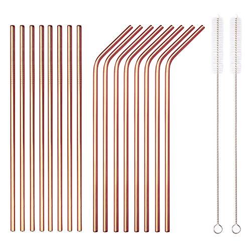 HOMQUEN 18 Piece Copper Stainless Steel Straws, 8.5 '' Reusable Rose Gold Drinking Straws,with Portable pouch (8 Straight/8 Bent/2 Brushes)