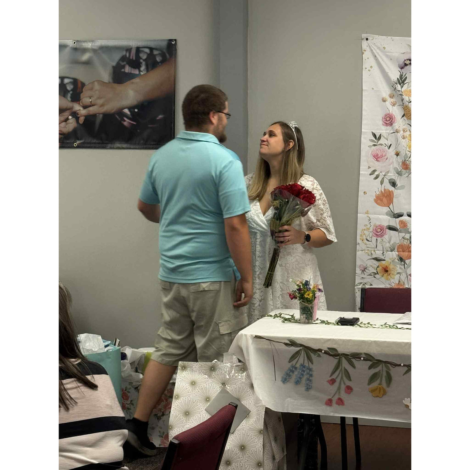 Taylor arriving at my bridal shower, brining me red roses: 7-19-2025