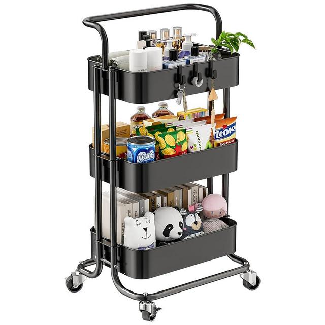 YIPPPPE 3 Tier Mesh Utility Cart, Rolling Metal Organization Cart with Handle and Lockable Wheels, Multifunctional Storage Shelves for Kitchen Living Room Office, Black