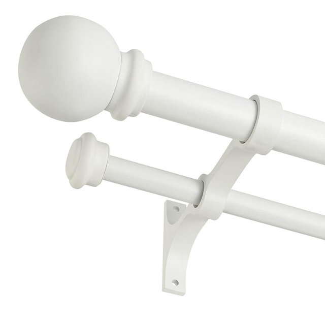Double Curtain Rod 28 to 48 inch, Adjustable 1 inch Double Drapery Rod Rods for Windows and Doors with Ball Round Finials and Premium Aluminum Brackets Set(28-48",Matte White)