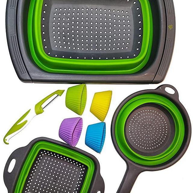 Let's Eat 16 piece Home Kitchen Collapsible Colander Set, Pasta Strainer Basket kit with silicone Cake cups and a swivel vegetable peeler