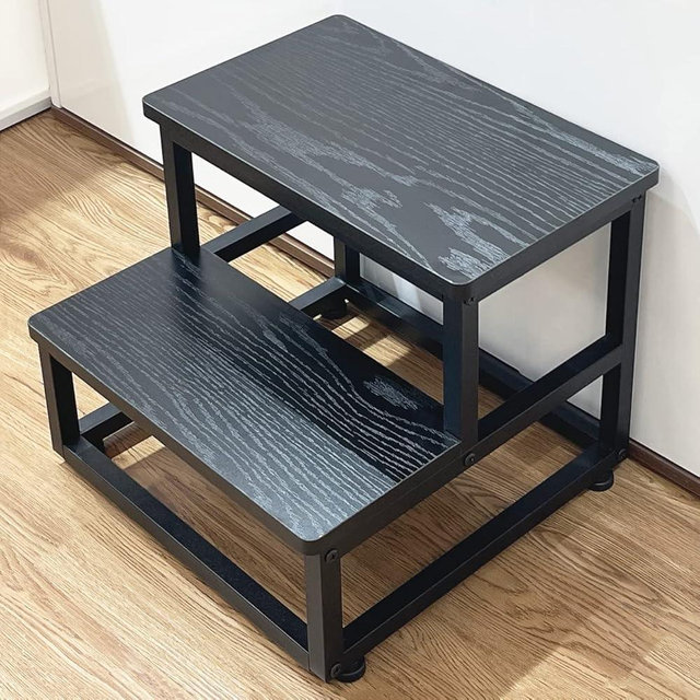 SZLHANJZ Step Stool, Bedside Steps for High Beds with Round Corners, 2 Steps Footstool for Adults, Metal and Wood Stepping Stool for Kitchen Bedroom, Load 500 LB, Black