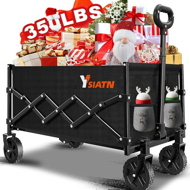 Collapsible Wagon Cart Foldable with 350lbs Weight Capacity, Lightweight Utility Shopping Cart with Wheels, Folding Grocery Wagon Cart Portable for Beach Garden Sports and Camping, Black