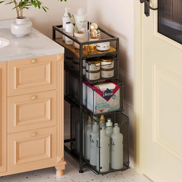 4 Tier Narrow Dresser Storage Rack, Small Bathroom Storage Cabinet, Small Dresser with 3 Metal Stand Drawer Basket and Wood Top, Slim Dressers for Small Spaces, Bathroom, Laundry, Kitchen, Living Room