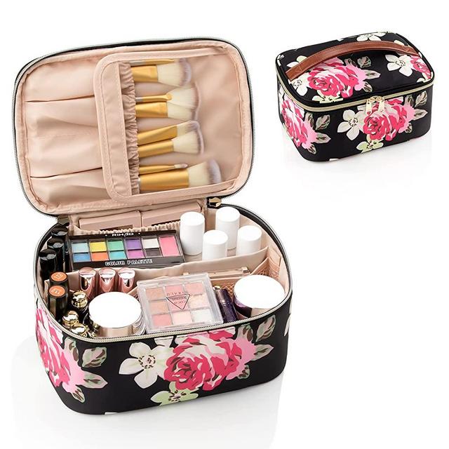 OCHEAL Floral Makeup Bag,Travel Makeup Organizer Bag, Large Capacity Cosmetic Bags For Women Large Travel Toiletry Bag Girls Traveling With Brush Slot And Divider