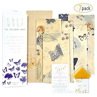 ENEY Premium Organic Beeswax Wraps | Pack of 7 Eco-Friendly Reusable Food Storage Wraps | Zero Waste Set Includes 1 Bread Wrap, 2 Large with Button, 2 Medium, 2 Small, Original Wax Replenisher