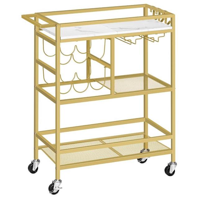 MAHANCRIS Bar Cart for Home, 3-Tier Serving Cart with Wheels and Handle, Beverage Cart with Wine Rack and Glass Holders, Rolling Wine Cart for Kitchen, Dining Room, Gold and White RCJM6101