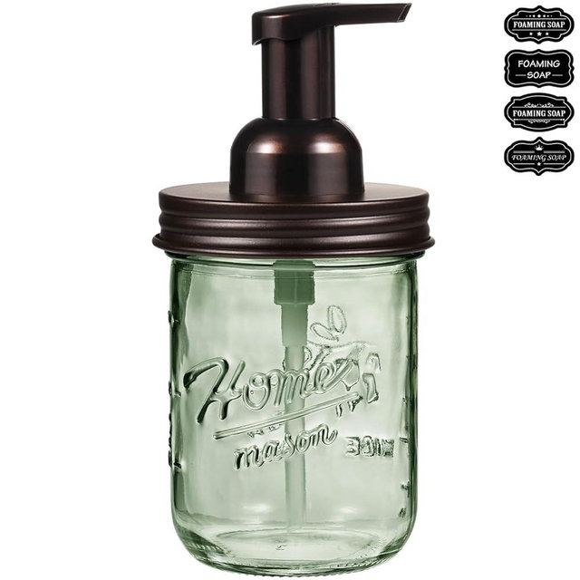 SheeChung Mason Jar Foaming Soap Dispenser, Stainless Steel Lid, BPA Free Pump, Green Glass Foam Hand Soap Dispenser, 16Oz Refillable Liquid Foam Dispenser Bottle, Bathroom Kitchen, Dish Soap-Bronze