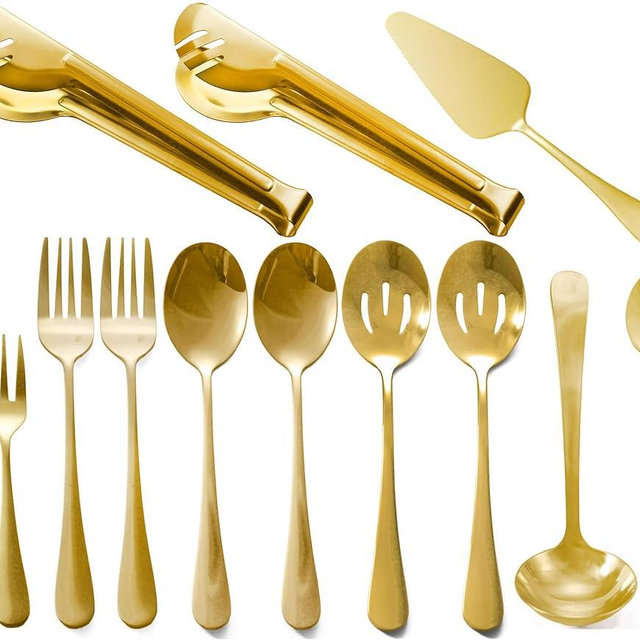 Gold Serving Utensils, 12 Pcs Stainless Steel Buffet Serving Utensil with Serving Spoon Slotted Spoons Serving Forks Soup Ladle Serving Tongs Pie Server, Utensils Set Great for Banquet