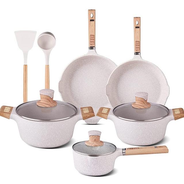 YIIFEEO 11 Pieces Cookware Set, Nonstick Pans and Pots Sets, Stone Non Stick Frying Pans and Saucepan Sets with Cooking Utensils,Induction Compatible (Cream)