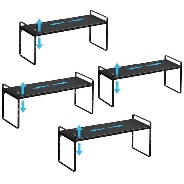 15.5 to 25.5 Inch Kitchen Cabinet Shelf Organizers, Adjustable Kitchen Counter Shelf Organizer, Set of 4 Expandable Countertop Storage Shelves, Stackable Design, 30LBS Heavy Duty, Space Saver