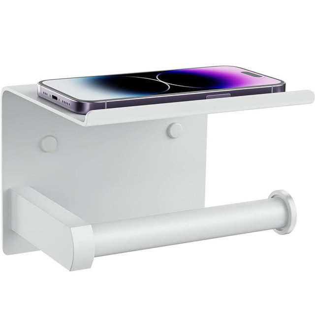 Tindbea Toilet Paper Holder with Phone Shelf, Adhesive or Screw Wall Mount Toilet Tissue Roll Holder, Rustproof & Multifunctional Stainless Steel Bathroom Storage Dispenser (White)
