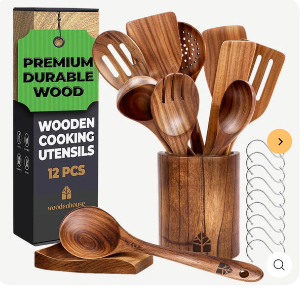 Wooden Utensils Set with Holder, Spoon Rest & Hooks - 12 PCs
