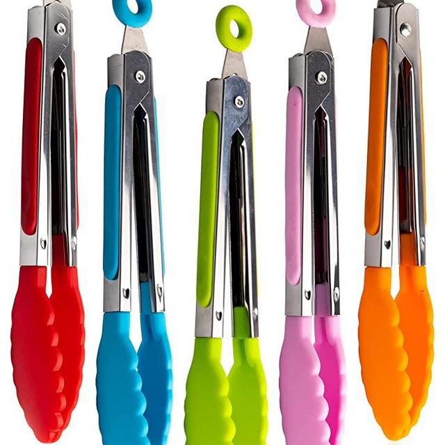 5 Pack Kitchen Tongs 7-Inch Colorful Small Food Tongs with Stainless Steel Silicon Handles and Nylon Tips Cooking Tongs