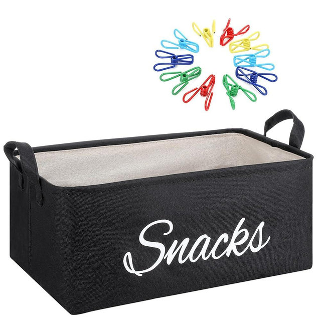 Newtay 17 Pcs Snack Basket Sets, Snack Storage Bin for Pantry Shelves with 16 Pcs 2 Inch Chip Clips, Basket Organizer for Kitchen Home, Chips, Popcorn, Candy, Pretzels(Burlap,Black)