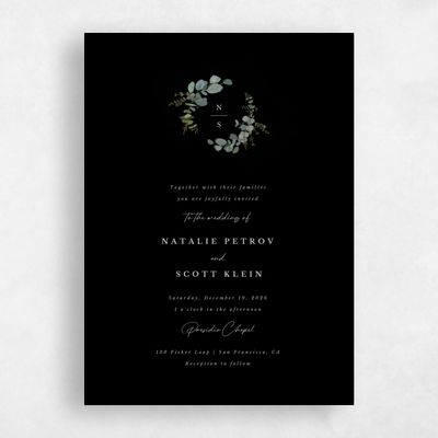 Black Wedding Invitation - Verde Wreath