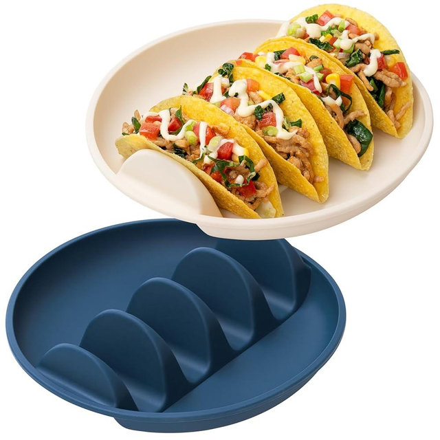 Silicone Taco Plates Set of 2, 9.76" Reusable Taco Holder Silicone Taco Shell Holder with Dividers for Hard/Soft Taco Shells Holder, Taco Serving Plates, Dishwasher & Microwave Safe Taco Holder Stand