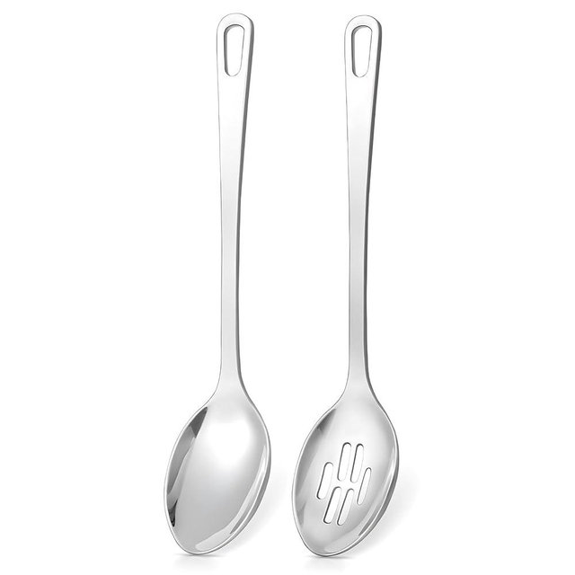 2 Pcs Spoons Cooking Utensils Set, Stainless Steel Kitchen Utensils, Heat Resistant Metal Kitchen Tools Include Solid & Slotted Serving Spoon, Ergonomic Handle, Dishwasher Safe, Easy to Clean, Silver