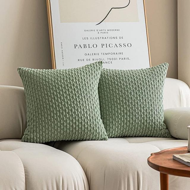 Kevin Textile 2 Packs Decorative Throw Pillow Covers 18x18 Inch for Living Room Couch Bed Sofa, Soft Striped Corduroy Square Cushion Case 45x45 cm, Farmhouse Boho Home Decor, Sage Green