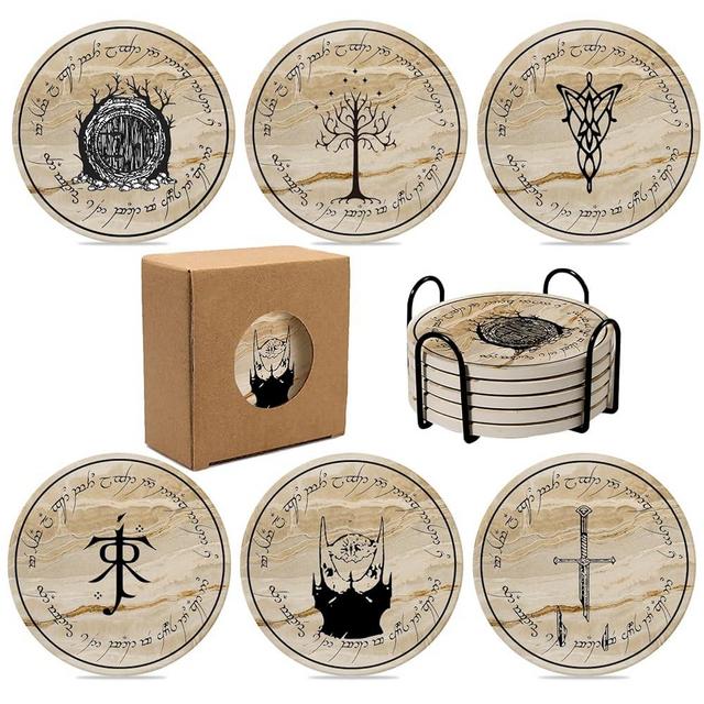 Lord of The Rings Coasters for Drinks-TV Show Stone&Cork Coasters for Coffee Table-LOTR Coasters for Home Decor-6 Pcs Lord of The Rings Coaster Set with Holder-Merchandise Gift for Fans.