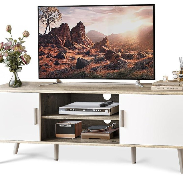 SUPERJARE TV Stand for 55 Inch TV, Entertainment Center with Adjustable Shelf, 2 Cabinets, TV Console Table, Media Console, Solid Wood Feet, Cord Holes, for Living Room, Bedroom, Gray and White