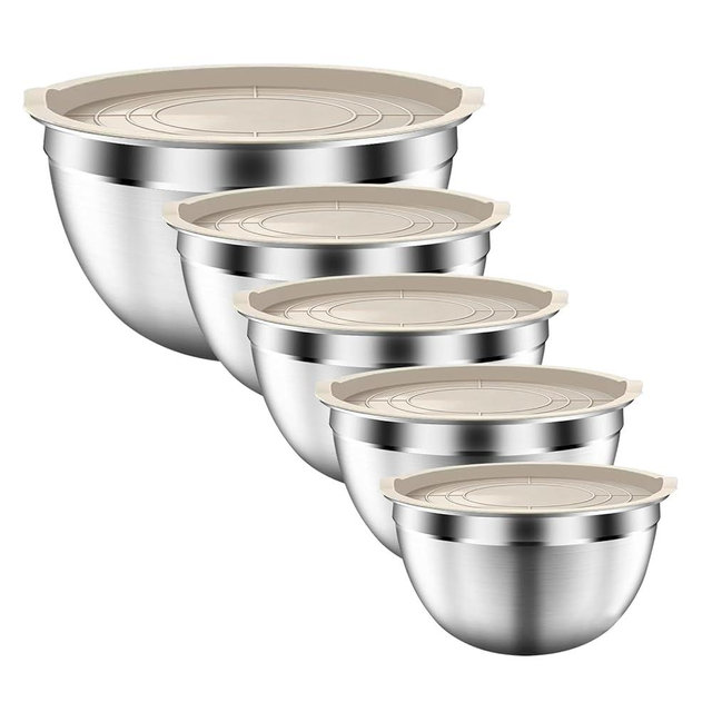 ZEENSUY Mixing Bowls with Airtight Lids Set, 5 PCS Stainless Steel Khaki Nesting Bowls for Kitchen, Large Prep Metal Mixing Bowls for Kitchen, 5.5/4/3.5/2/1.5 QT for Mixing & Serving