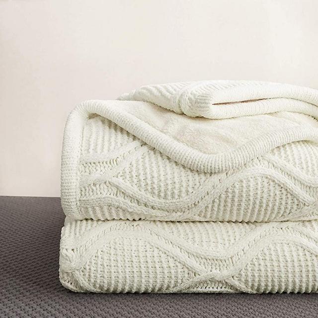 Longhui bedding Chenille Ivory White Sherpa Throw Blanket – Thick, Soft, Big, Cozy Winter Cable Knit Fleece Blankets for Couch, Sofa, Bed – Large 50 x 63 Inches