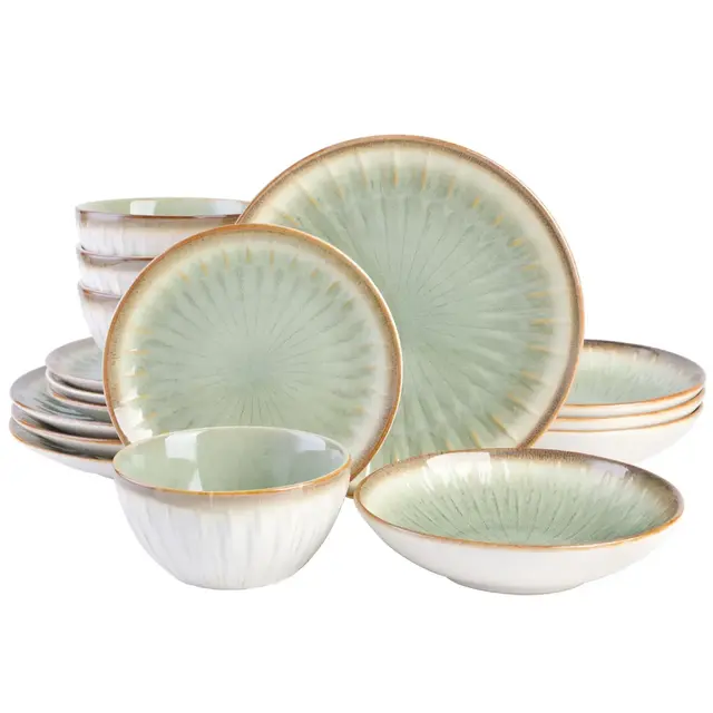 Gibson Elite Mayfair Bay 16-Piece Embossed Double Bowl Reactive Dinnerware Set Green 17 Ounce