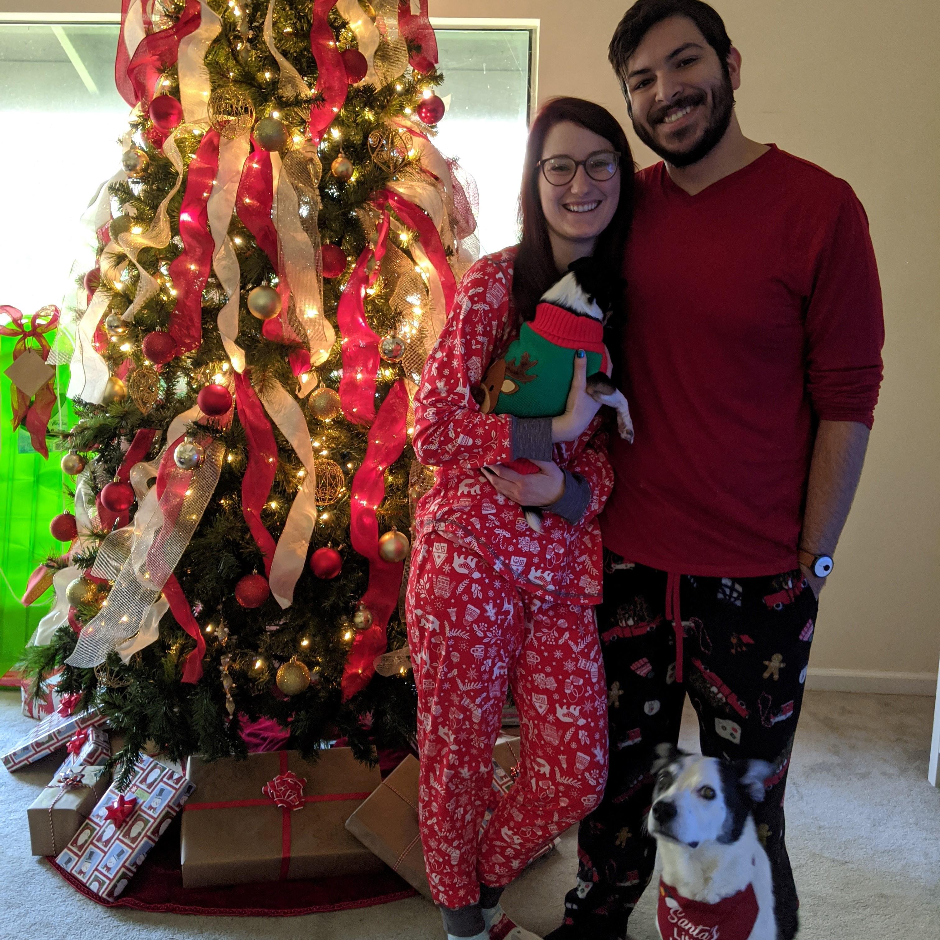 Christmas 2019 with our pups, Izzy and Penny