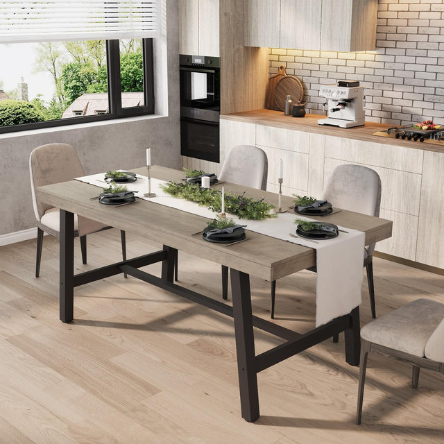 Industrial Dining Table for 4-6 People, 63" Long Rectangle Dining Table, Kitchen Table with Sturdy Metal Frame,Dinner Table for Kitchen-Grey