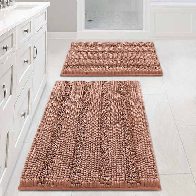 H.VERSAILTEX Bathroom Rug Set Bath Mats, 2 Piece Bath Mats for Bathroom Non Slip Thick Soft Chenille Striped Bath Rug Set, Bath Mats for Bathroom Sets (Muted Clay, 20" x 32"/17" x 24")