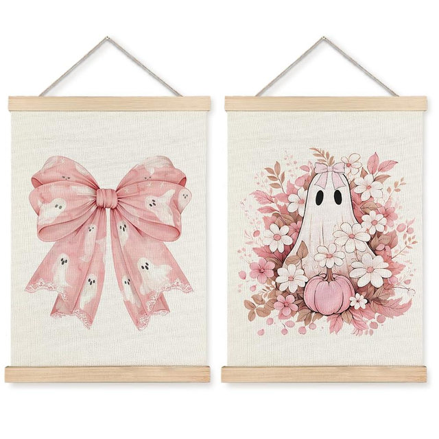 Exqcom Coquette Pink Bow Floral Halloween Ghost Wall Decor Set of 2, Preppy Pink Fall Pumpkin Floral Wall Art Poster, Halloween Ghost Posters for Girly Room Bedroom Dorm Apartment Home, 12x16 Inches